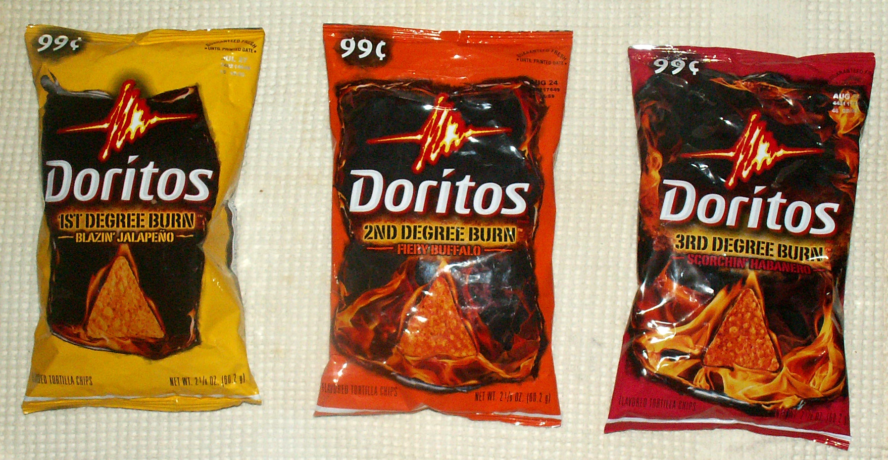 From JFB, a legit review of Frito Lay's (NOW DISCONTINUED) 1st, 2nd, and 3rd Degree Burn Doritos